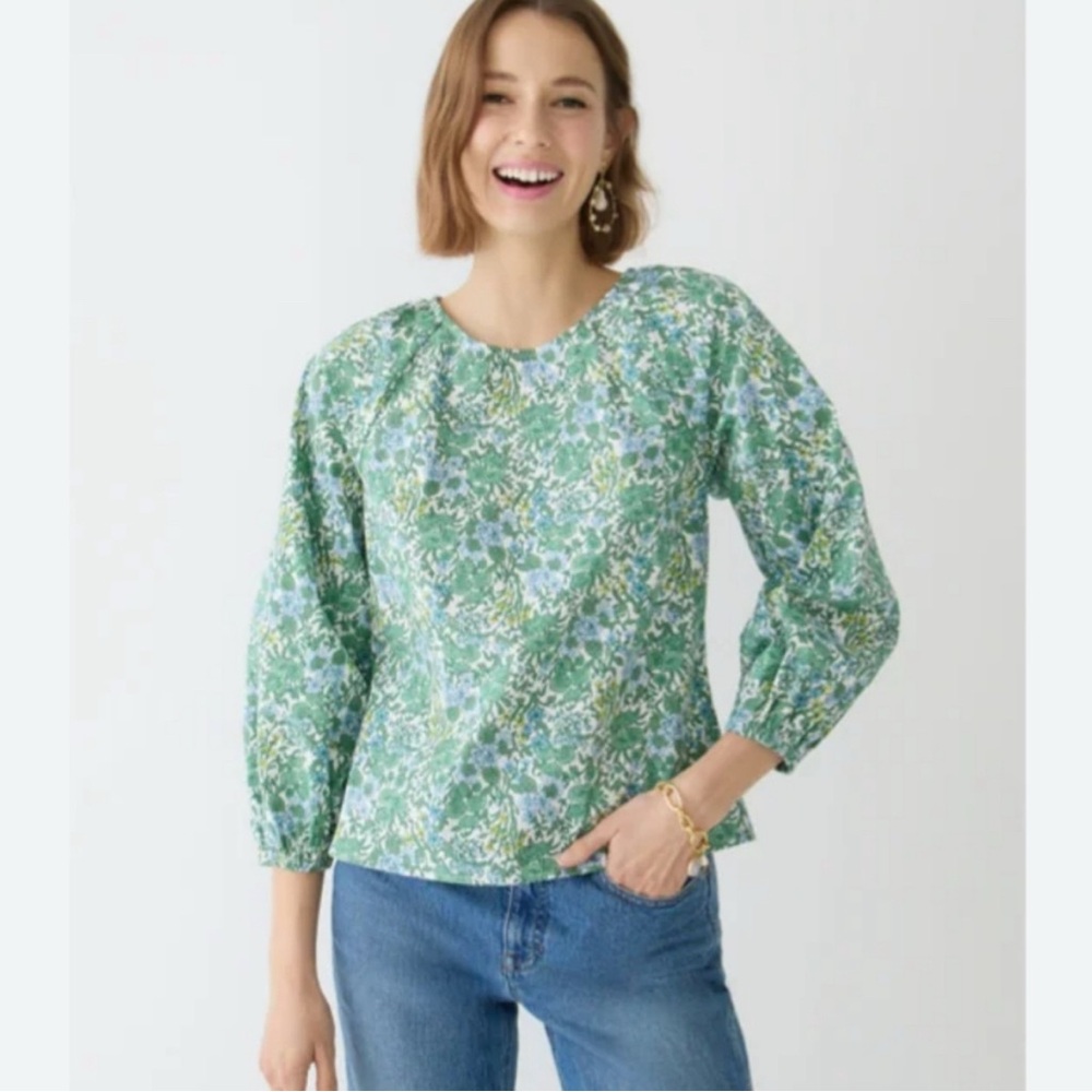 J.Crew Liberty-Style Floral Puff Sleeve Blouse — Green/Blue — Size 10